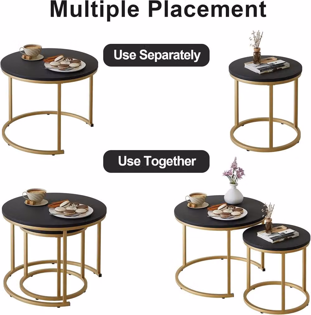 Huhote Set of 2 Round Nesting Side Tables with Matt Black Metal Frame – 7