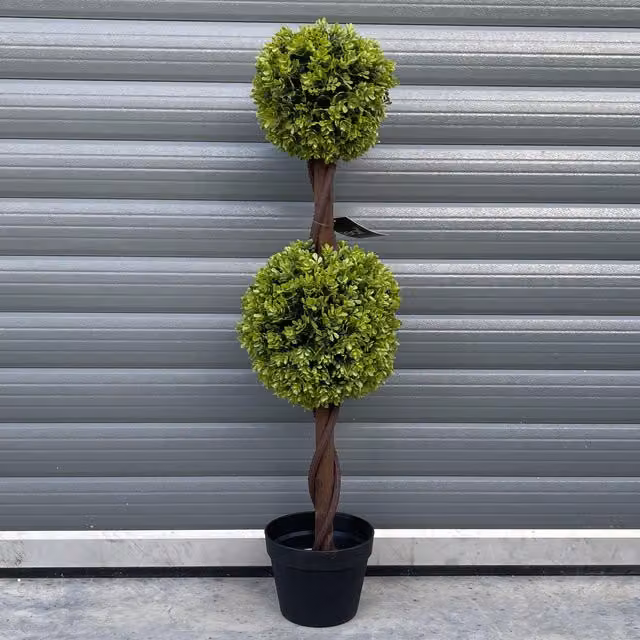 Green Double Ball Topiary Tabletop Tree with Black and Wood Accents