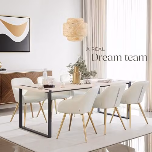 tectake Modern Dining Chair with Armrests in Cream and Gold – 4