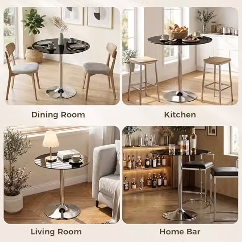 HOMCOM Round Bar Table with Black Tempered Glass Top and Steel Frame, W/D/H: 70 x 70 x 75.5 cm – 6