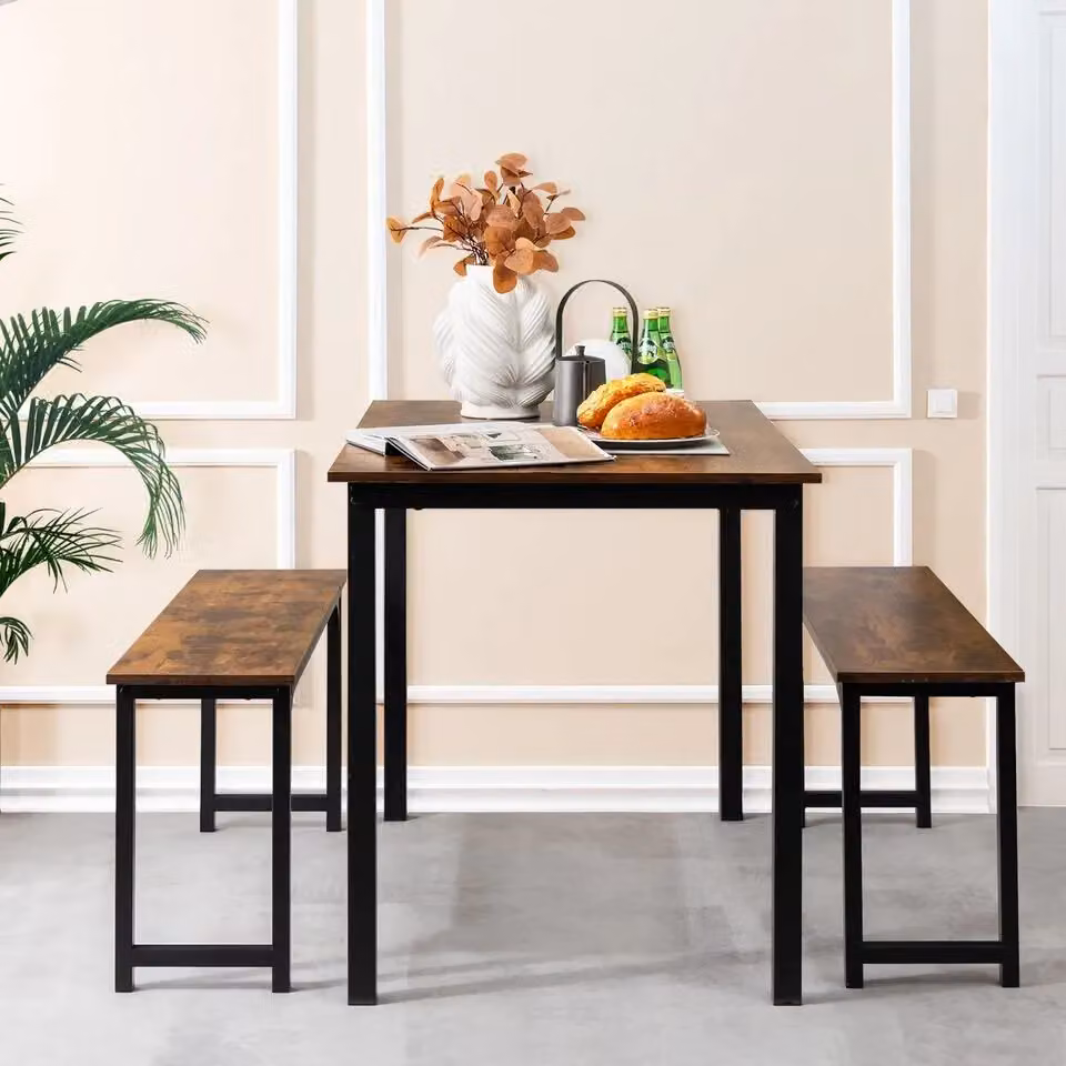 Costway 3-Piece Industrial Dining Table Set with 2 Benches in Brown – 3
