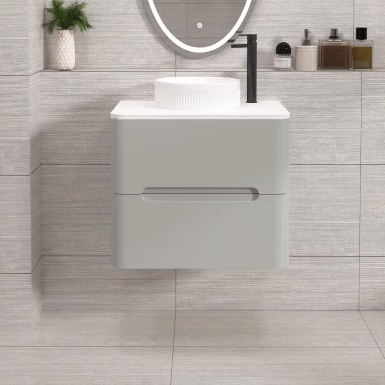 Royal Bathrooms Venice Wall Hung Vanity Unit in Dove Grey with Plain White Worktop and Round Basin