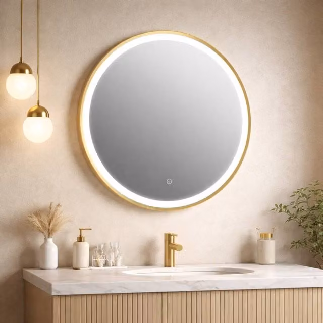 Bathroom Kingdom Rosie Round Illuminated LED Mirror in Brushed Brass Gold, Diameter: 60 cm