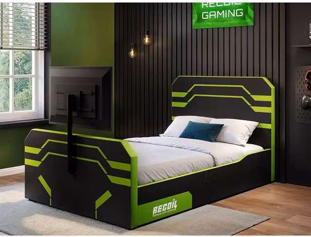 Recoil Alister Side Lift TV Ottoman Bed in Black and Green, W/D/H: 120 x 200 x 105 cm