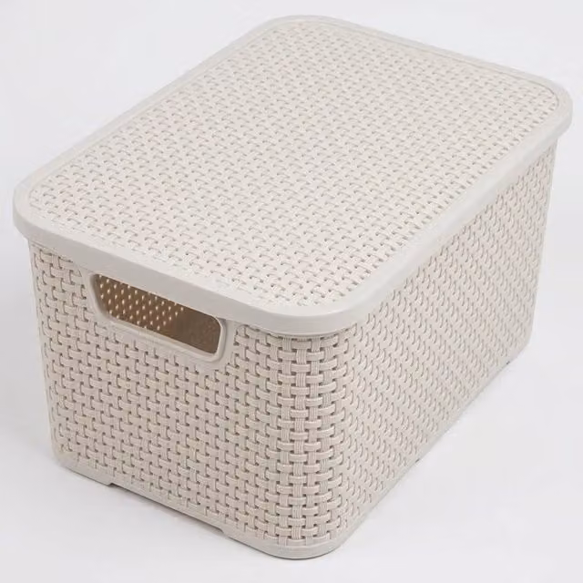 Storm Trading Group 2 Pack Beige Rattan Style Plastic Storage Baskets with Lids and Open Weave Design
