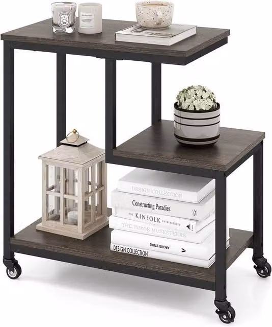 VOGREX Grey G-Shaped 3-Tier Mobile Side Table with Castors