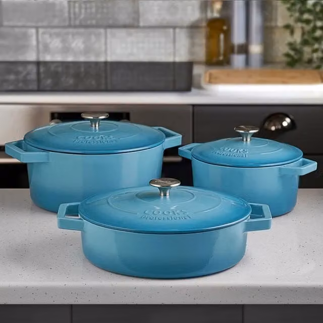 Cooks Professional Set of 3 Enamelled Cast Iron Casserole Dishes with Lids in Blue and Black