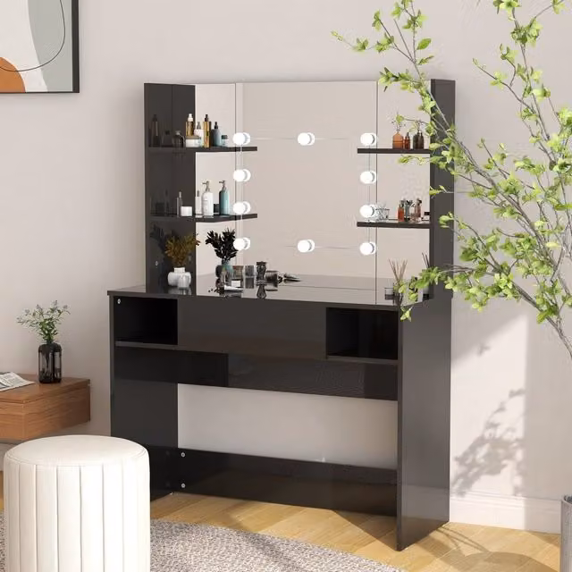 Berkfield Home Modern Makeup Table with Hollywood LED Lights in Glossy Black, W/D/H: 100 x 40 x 135 cm