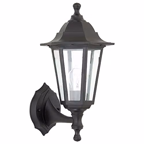 Loops Classic Outdoor Lantern Wall Light, Black and Transparent, IP44 Rated, Dimmable with 60W E27 LED Bulb Included