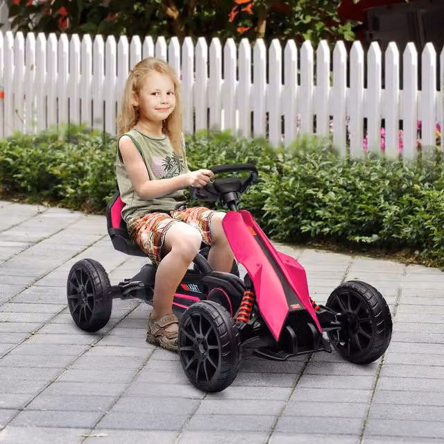 HOMCOM Kids Pedal Go Kart with Adjustable Seat and Silent EVA Foam Wheels, Pink