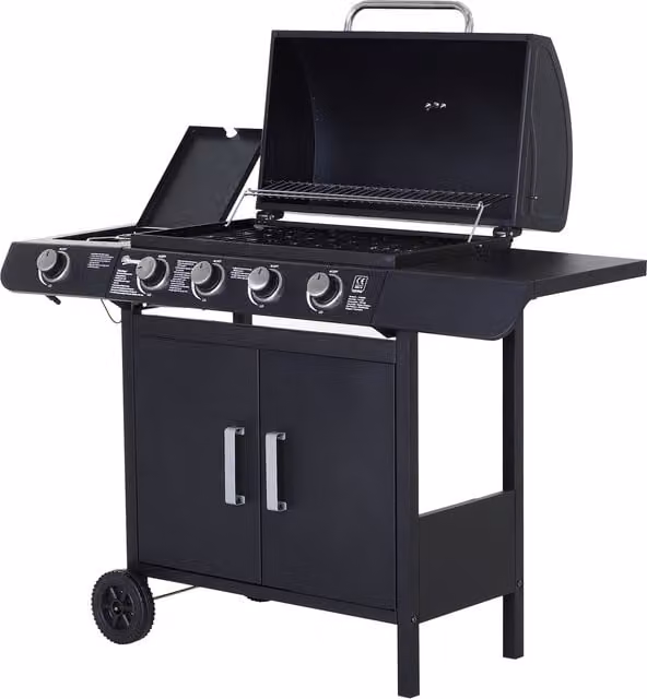 Outsunny 4+1 Gas Burner BBQ Trolley with Side Burner, Smoker, and Storage Side Table in Black – 1