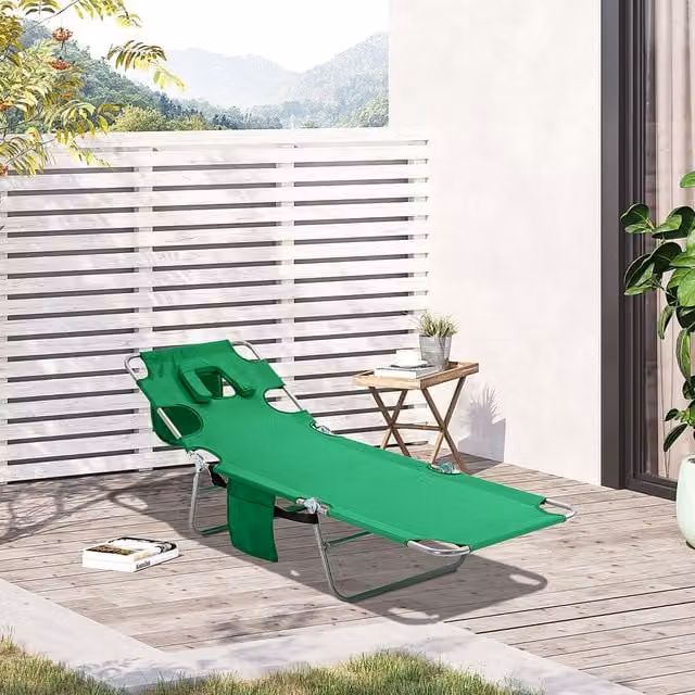 Outsunny Foldable Beach Chaise Lounge in Green with Adjustable Headrest and Textilene Fabric – 1