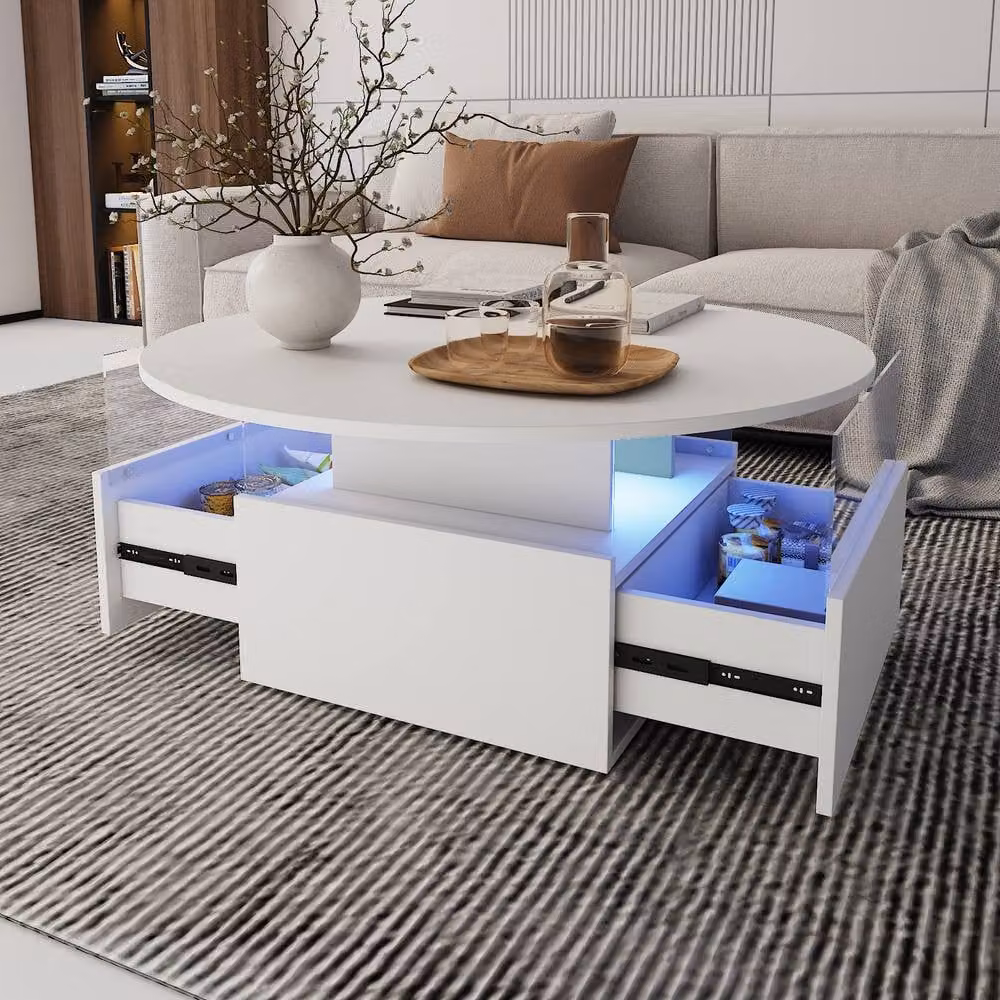 KEEPREAPER Modern Round Coffee Table with Storage and LED in White Glossy Wood Finish – 2