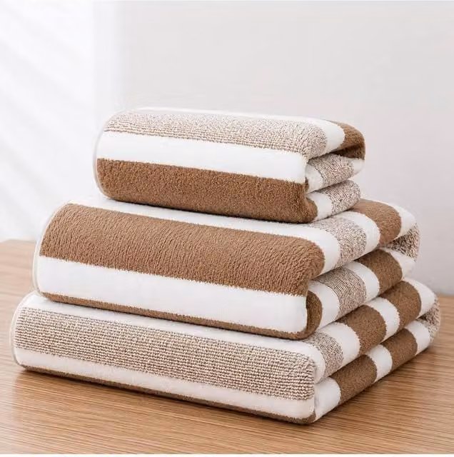 Dyzi Set of 3 Quick Drying Striped Hand and Bath Towels in Brown