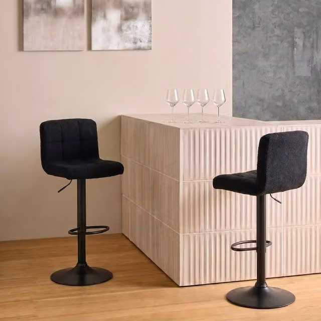OHS Set of 2 Black Boucle Swivel Bar Stools with Adjustable Height and Metal Base