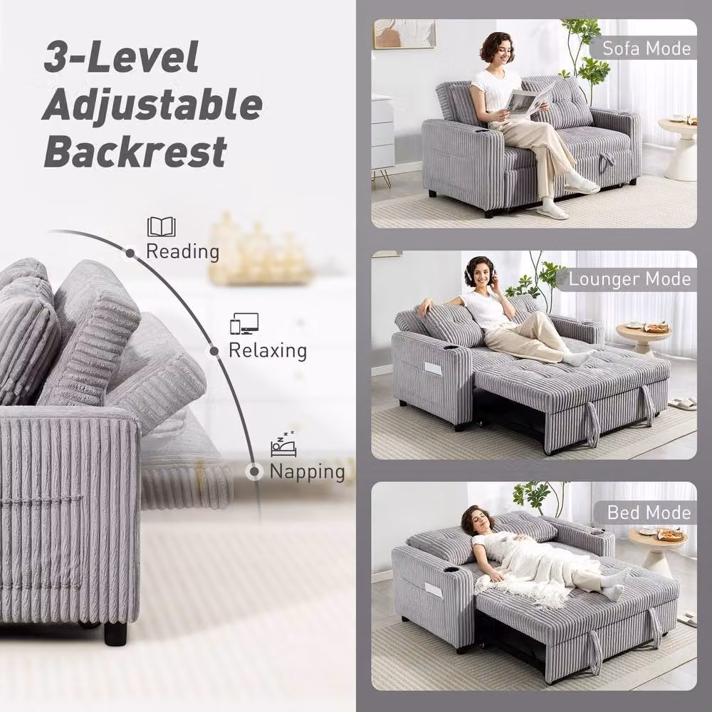 HOMCOM 2 Seater Click Clack Sofa Bed in Light Grey with Fabric Upholstery and Scatter Cushions – 3