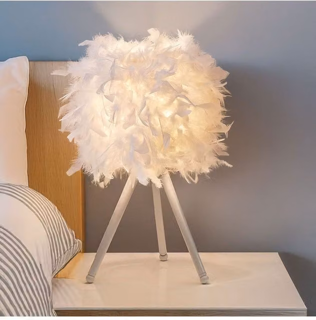 Living and Home White Feather Tripod Table Lamp with Gold/Brass Metal Base – 1