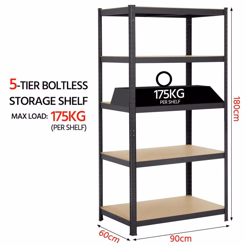 Kelvenix Heavy Duty 5-Tier Metal Garage Shelving Unit, Black, H 180 x W 90 x D 60 cm – 2