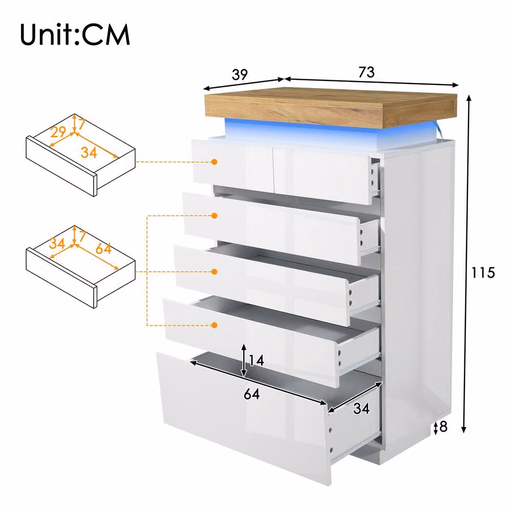 Rolipo White High Gloss 6 Drawer Chest of Drawers with Integrated LED Lighting – 2