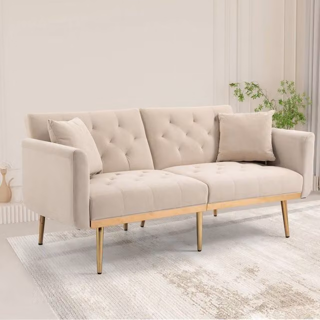Direct Wicker Modern Beige Velvet Fabric 2-Seater Click-Clack Sofa with Sleeping Function and Adjustable Headrest