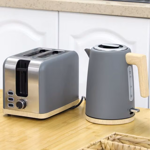 HOMCOM Grey and Black Stainless Steel Fast Boil 1.7L Kettle and 2 Slice Toaster Set