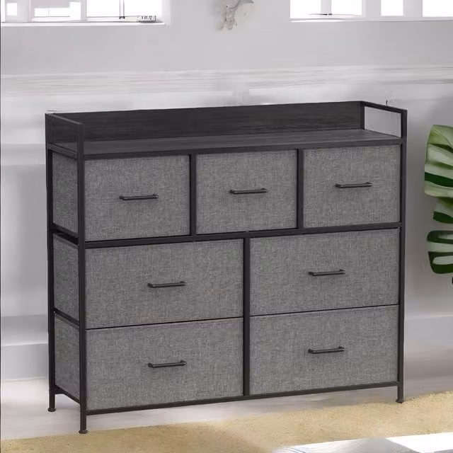 FURNOS Industrial Bedroom Chest with 7 Fabric Drawers in Grey