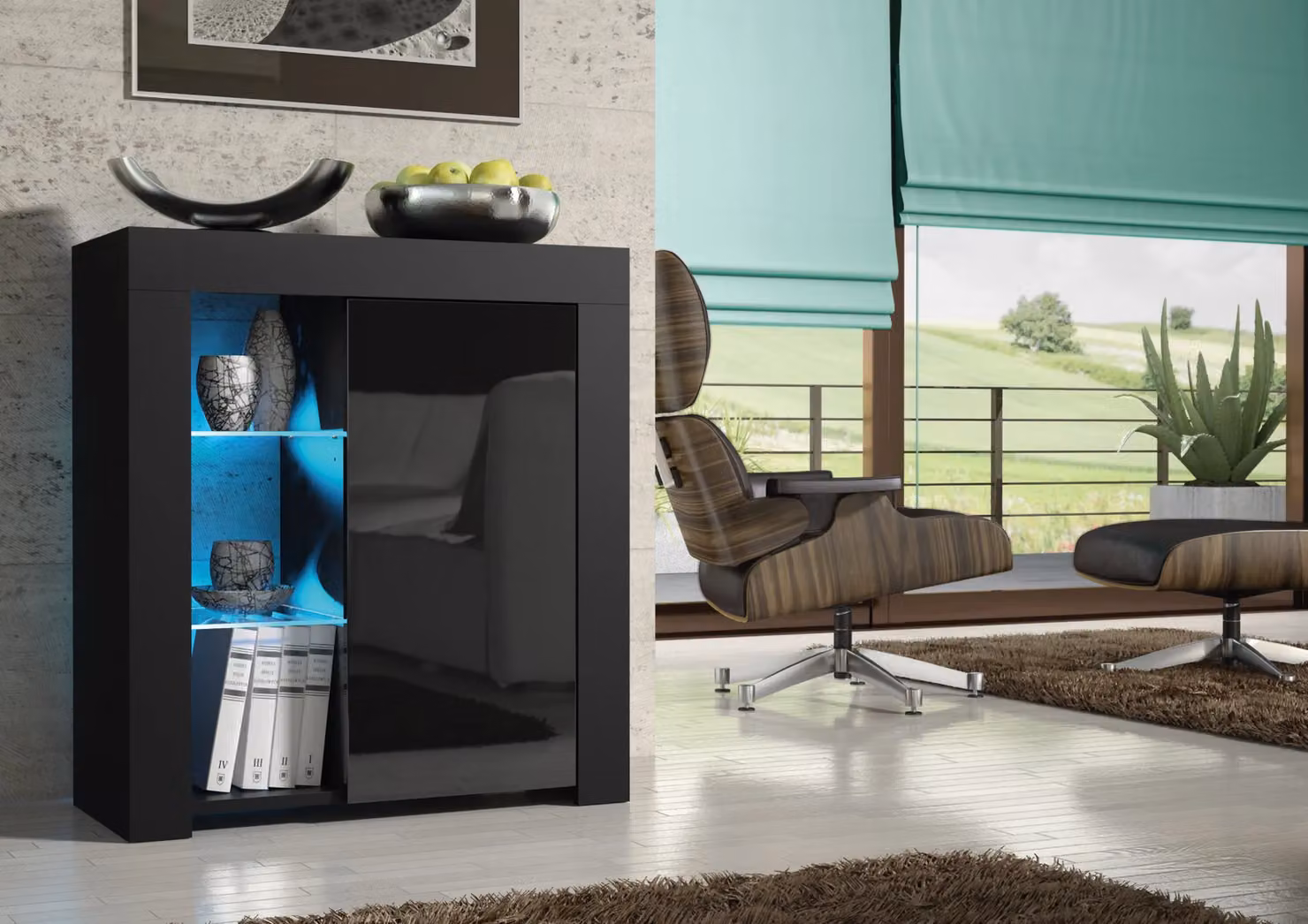 Creative Furniture Serene Sideboard in Black with Glossy Doors and Integrated Lighting, W/D/H: 83 x 35 x 75 cm – 2
