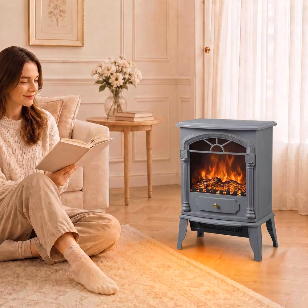 HOMCOM Freestanding Portable Fireplace with Adjustable Thermostat, Grey, W/D/H: 56.5 x 39.0 x 42.1 cm – 2