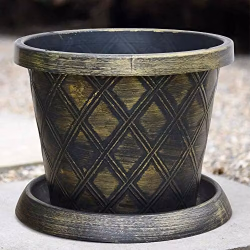 Thompson and Morgan Black and Gold Lattice Effect Large Patio Pot and Saucer Set, 3 x Diameter: 39 cm – 3