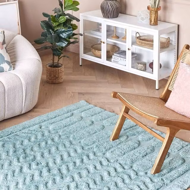 Wyld and Coco Mint Green Geometric Hand-Tufted Cotton Shaggy Area Rug, W: 140 cm x L: 200 cm