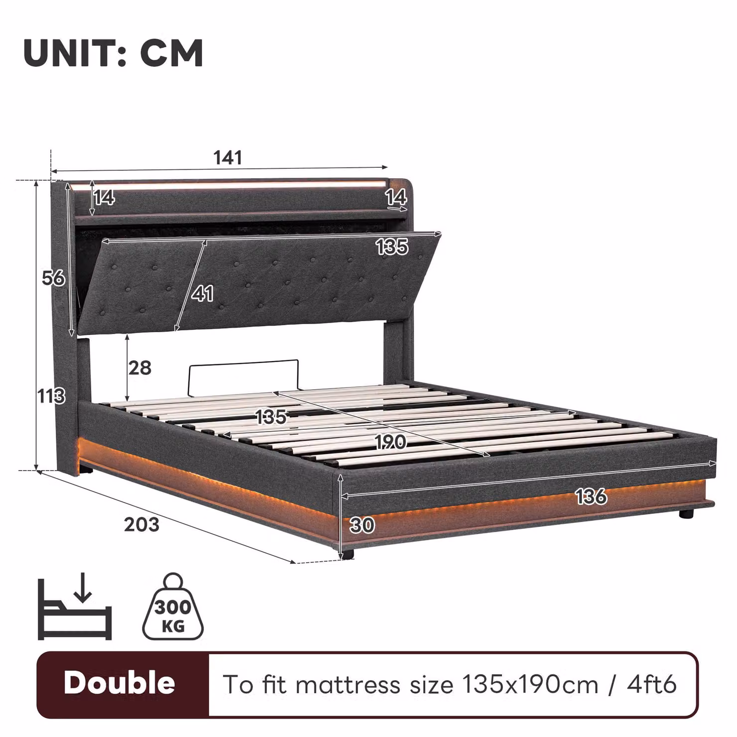 Aosom UK Double Upholstered Bed Frame with Hydraulic Storage, LED Headboard and USB Charging Station, Grey, L: 203 cm, W: 141 cm, H: 113 cm – 3
