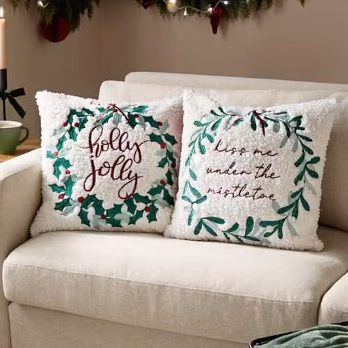 Riva Home Holly Wreath Embroidered Velvet Cushion, Multicolour, W/D/H: 45 x 45 x 45 cm – 4