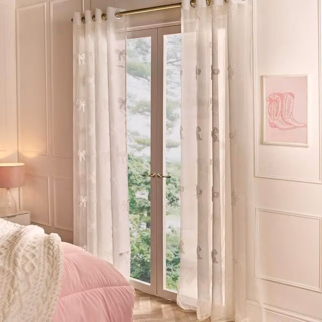 OHS Tufted Bows Voile Net Curtain Pair in Beige, Width: 140 cm, Drop: 220 cm