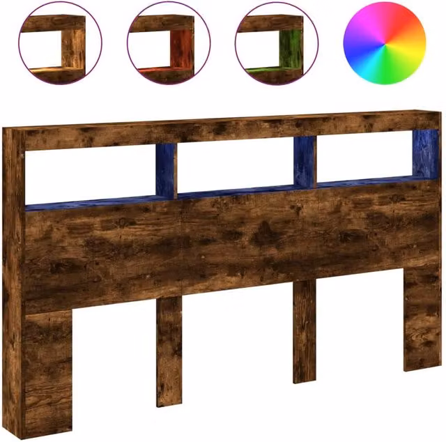 Berkfield Home Modern Headboard Cabinet in Smoked Oak Brown with Integrated LED Lighting and USB Charging Port, W/D/H: 180 x 17 x 102 cm – 1