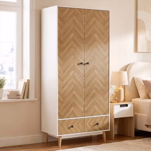 HOMCOM Modern Freestanding Wardrobe Cabinet in White with Internal Shelves, Hanging Rod and 2 Drawers