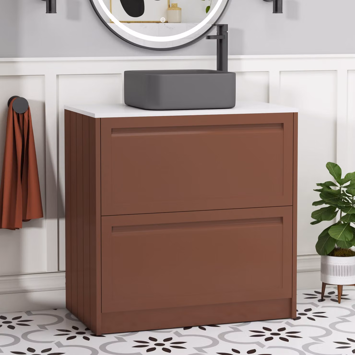 Royal Bathrooms Elmore 800mm Terracotta Clay Floor Standing Vanity Unit with 2 Drawers, Plain White Worktop and Art Square Basin