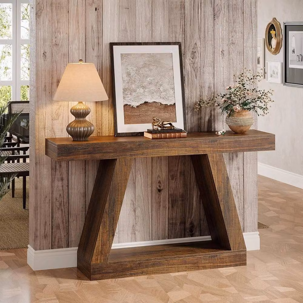 VOGREX 55-Inch Rustic Wood Farmhouse Trestle Console Table in Brown – 2