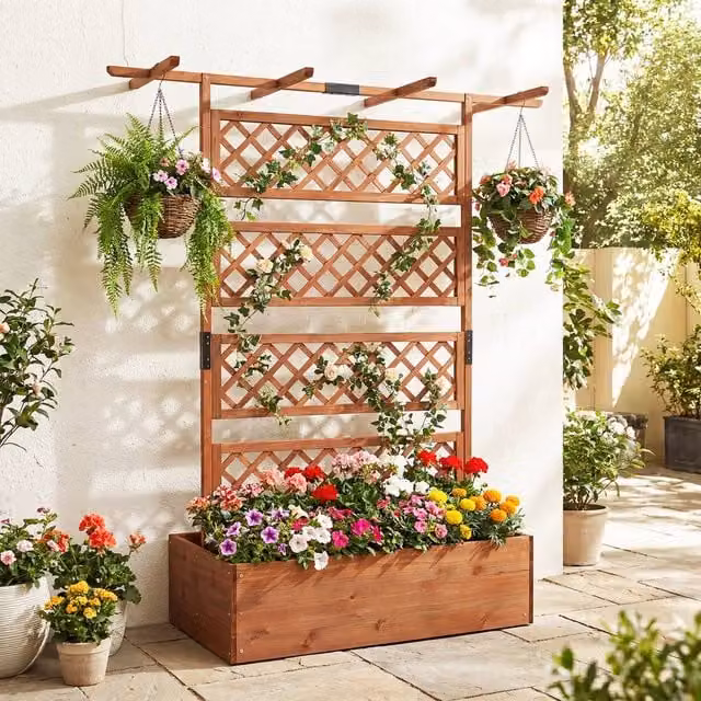 Costway Brown Wooden Raised Garden Bed Privacy Screen Planter Box