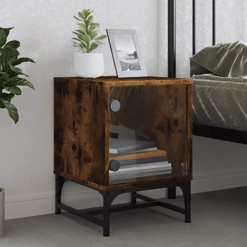 Berkfield Home Set of 2 Bedside Cabinets with Glass Doors in Smoked Oak Brown, W/D/H: 35 x 37 x 50 cm – 2