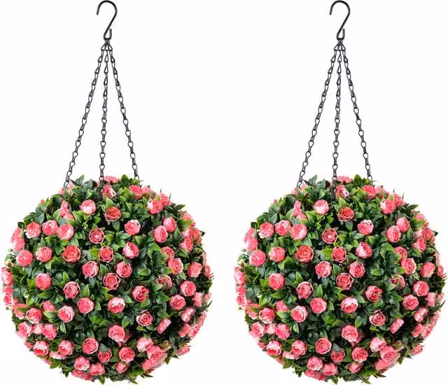 Christow Set of 2 Pink Artificial Rose Hanging Topiary Balls