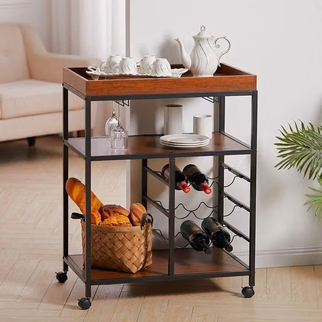 Livingandhome Industrial 4-Wheel Kitchen Trolley with Metal Frame and Wood Tiers, Brown, W/D/H: 71 x 71 x 12.7 cm