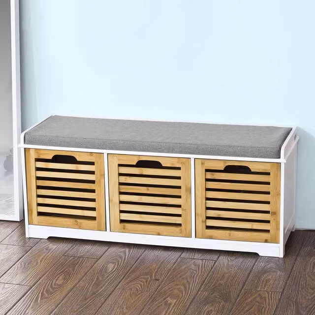 SoBuy Scandinavian Style Slim Entrance Bench with 3-Compartment Storage in White and Grey