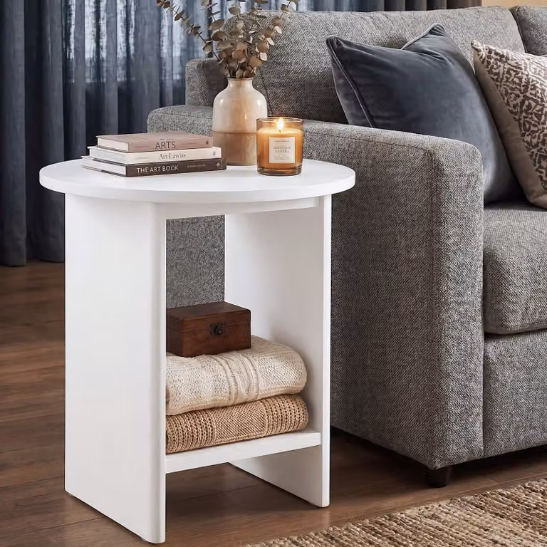 DHS Small Round White Side Table with Shelf, W/D/H: 45 x 45 x 50 cm