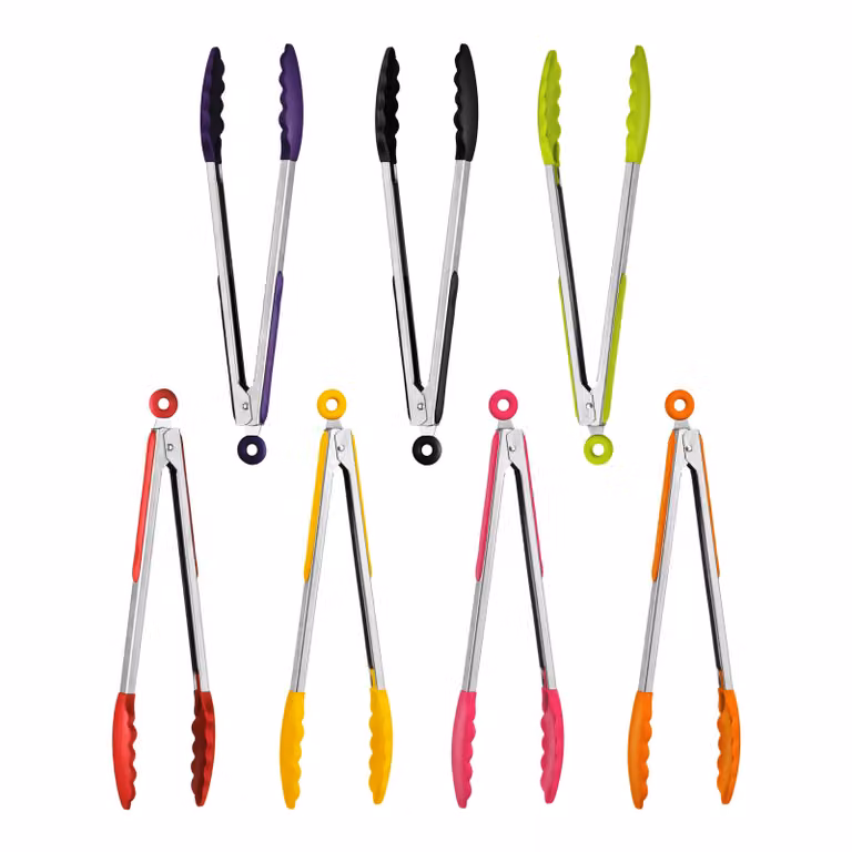 Orsina Stainless Steel Kitchen Tongs with Red Silicone Tips and Sliding Lock in Purple
