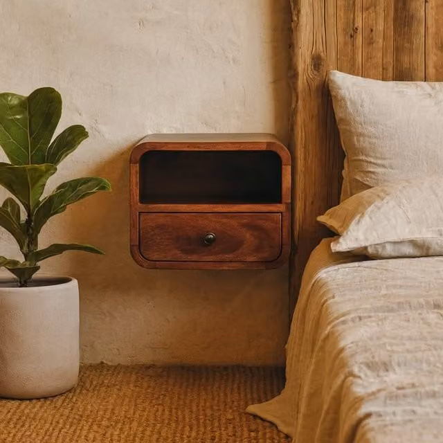Wyld Haus Cagliari Small Wall Mounted Curved Chestnut Bedside Shelf in Brown