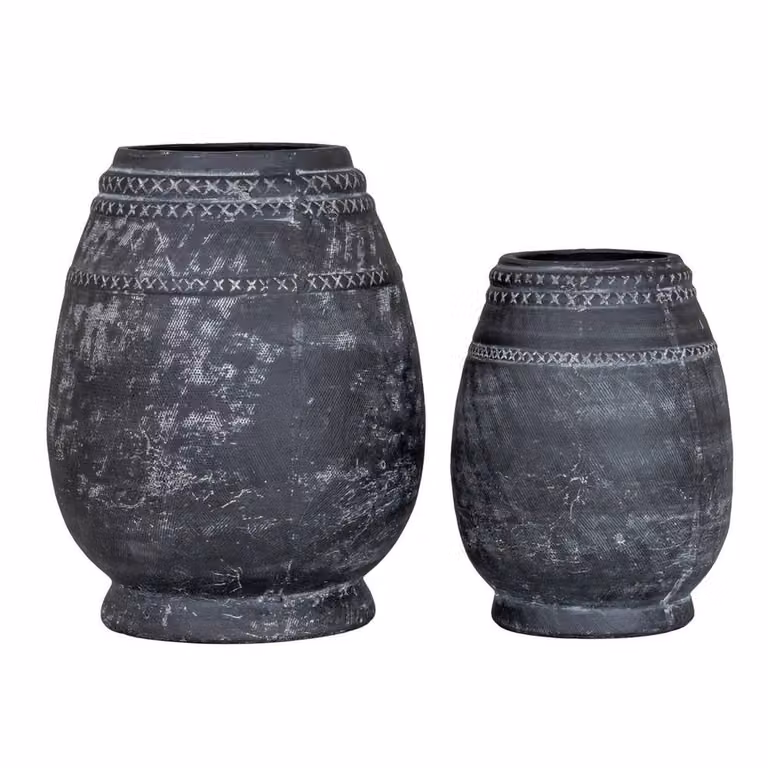 Lemon Pavilion Furniture and Decor Etched Collection Tall Ceramic Vase in Black, W25 x D25 x H32 cm
