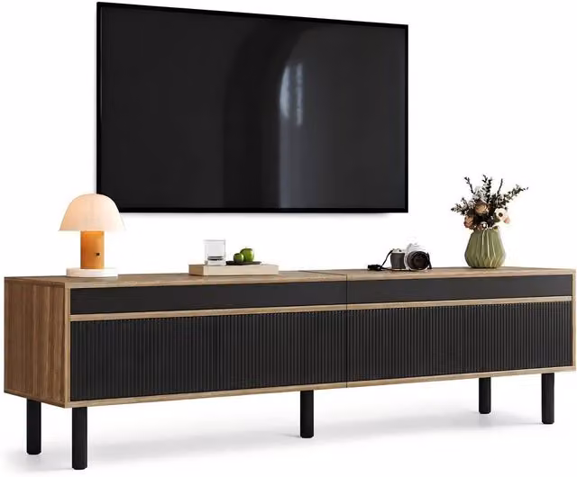 ModernLuxe Black Wood Texture TV Cabinet with 4 Doors, W: 170 cm, D: 38 cm, H: 47 cm