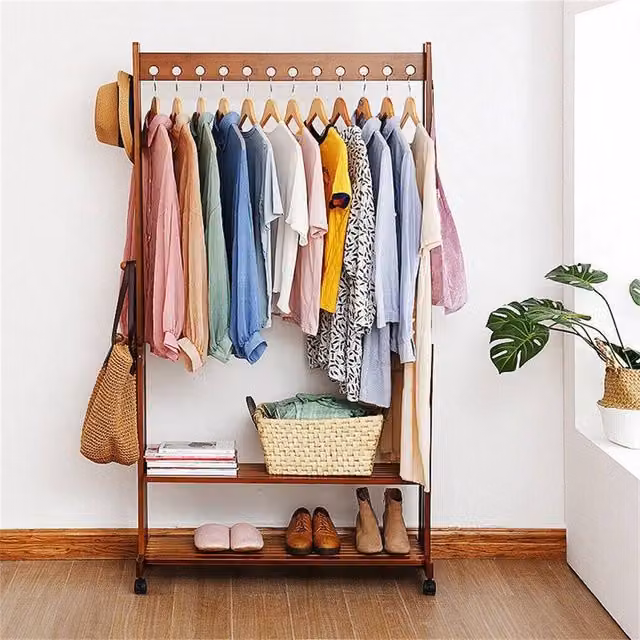 NESTLUNE Heavy Duty Vintage Bamboo Wood Clothes Rail with Rolling Wheels in Brown – 1