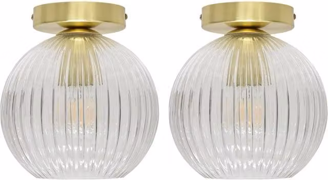 First Choice Lighting Betchley Set of 2 Ceiling Lights with Transparent Ribbed Glass and Gold Brass Finish
