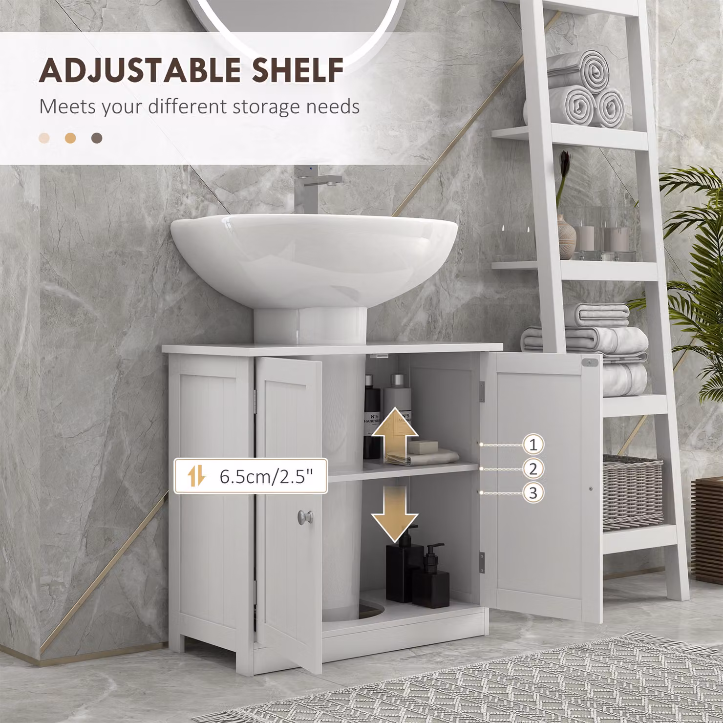 HOMCOM 2-Tier Under-Sink Bathroom Vanity Unit in White with Hinged Doors and Internal Shelves – 2